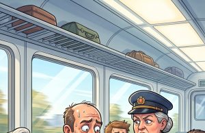 A guy hops onto a train dragging a huge suitcase behind him.