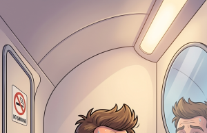 A man was on an aeroplane, and waiting for the men’s toilet.