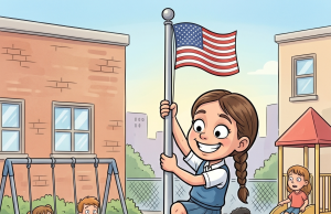 A girl is dared by a boy to climb the school flagpole.