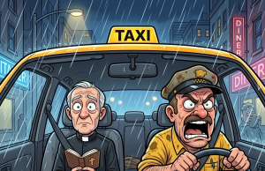 A priest is riding a cab
