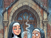 Two nuns stand smoking outside their convent.