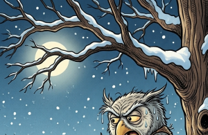 An old owl was perched on a tree on top of a hill one very cold night.